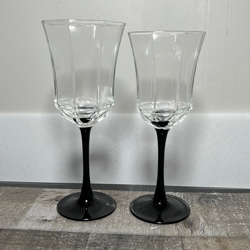 Vintage Paneled Crystal Stemware with Black Stem & Base 2 Sizes Set 2